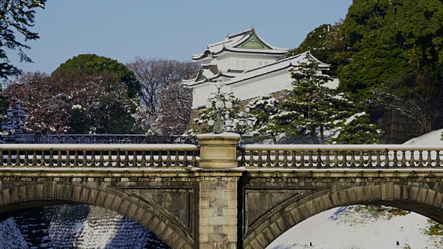 2018年1月23日，日本东京千代田区迎来冬季暴风雪。江户城的二柱桥和Fushimi Yagura，这两座被白雪覆盖的皇宫。视频素材