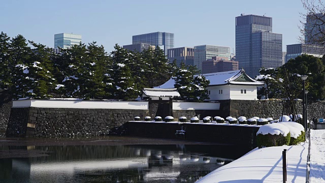 2018年1月23日，日本东京千代田区迎来冬季暴风雪。丸之内区高层建筑前景上白雪覆盖的樱花门。视频素材