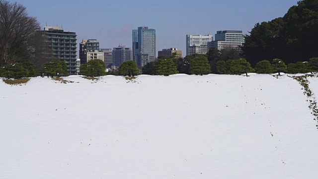 2018年1月23日，日本东京千代田区迎来冬季暴风雪。高耸的建筑耸立在白雪覆盖的皇家护城河的后面。视频素材