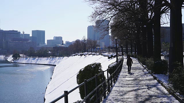 2018年1月23日，日本东京千代田区迎来冬季暴风雪。霞关区和永田町区的高层建筑矗立在白雪覆盖的故宫护城河后面，这些建筑反射着护城河的水面。视频素材