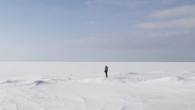 一个女人在冬天走在结冰的海湾上视频素材