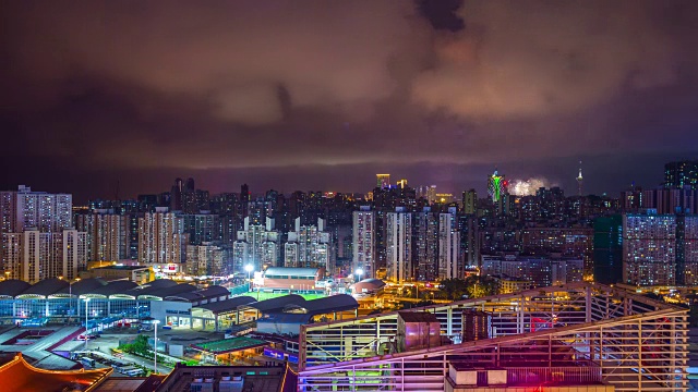 中国夜灯光照亮澳门城市景观珠海城市酒店天台全景4k时间视频素材