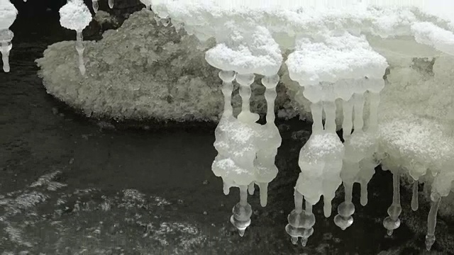 有冰和冰柱的小瀑布。河在寒冷多雪的冬天视频素材