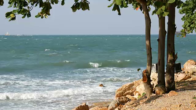 美丽的海景。海浪拍打着多石的海岸，那里有树。风景如画的风景视频素材