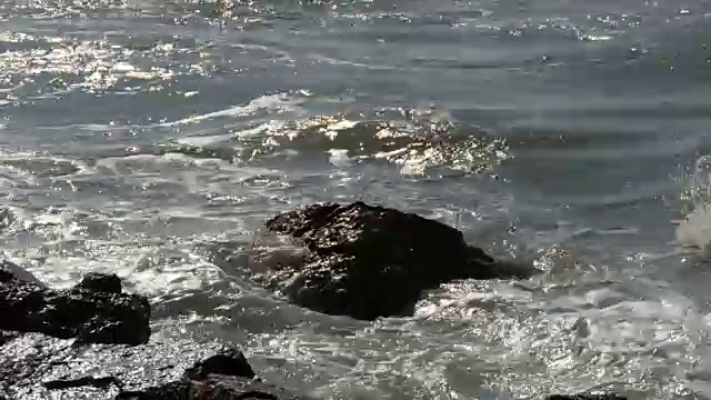 海浪拍打着多岩石的海岸。美丽的南海海浪近观视频素材