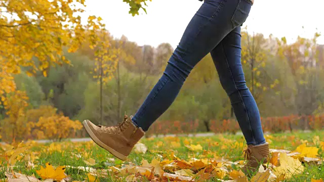 特写的女人腿在一个公园与黄色的落叶走靴子视频素材