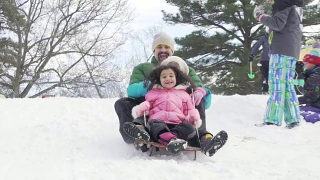 父亲和孩子们在雪中拉雪橇视频素材