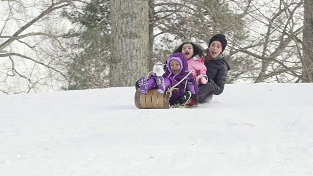 母亲和孩子们在雪中拉雪橇视频素材