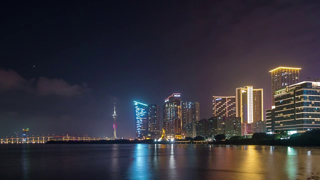 夜间照明著名的澳门岛市中心湾全景4k时间流逝中国视频素材