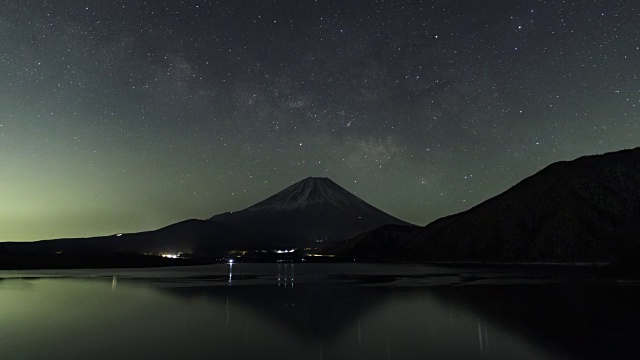 富士山上的银河与日出(黑夜到白天的时间流逝)视频素材