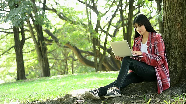 美丽的女子使用笔记本电脑在公园，微笑的年轻女子打字在树下在公园视频素材