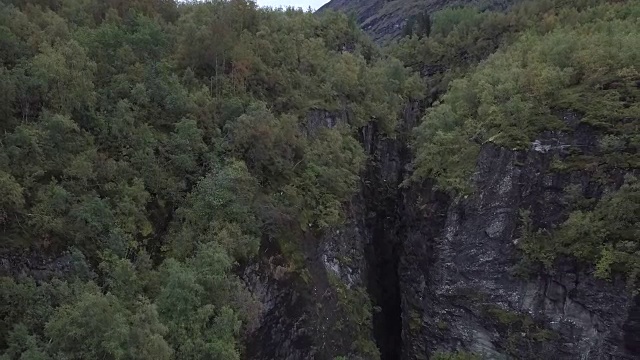 4K鸟瞰悬崖与树，山谷，山，和森林在挪威视频下载