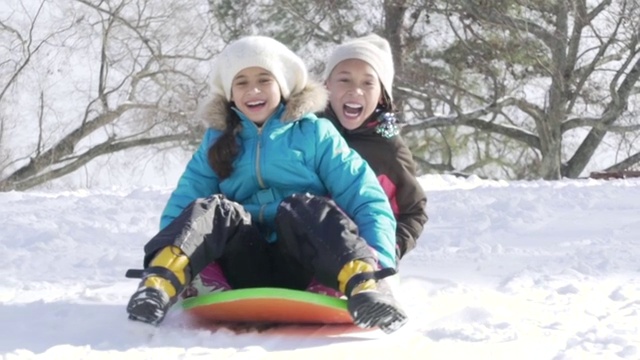 朋友们在雪地里玩雪橇视频素材