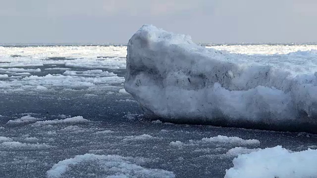 在晴朗的一天，波兰波罗的海上的浮冰和冰山视频素材