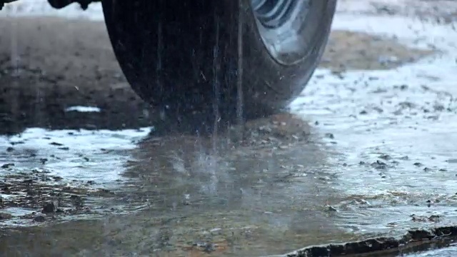 雨水和流水落在地面和轮胎背景上视频素材