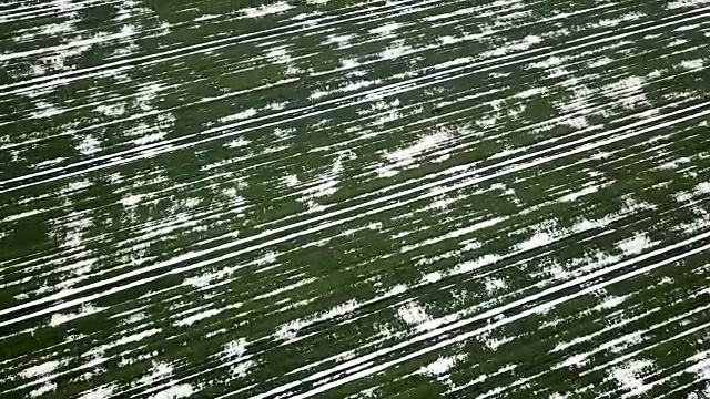 春季鸟瞰图中被雪覆盖的谷地。视频素材