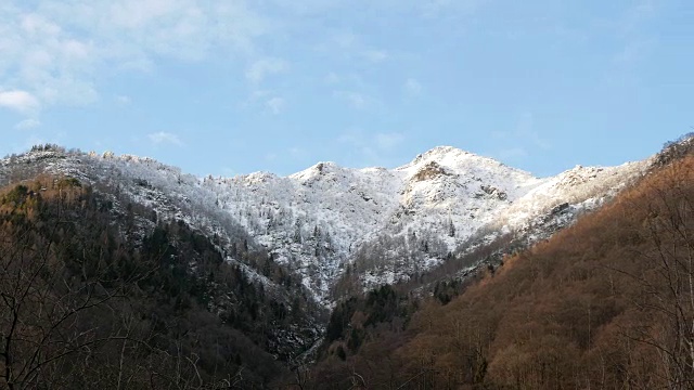 高山山峰上有光秃秃的树木和多云的天空视频素材