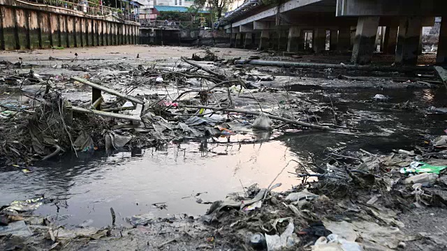 垃圾和污水从房屋和工厂工业排水沟入海视频素材