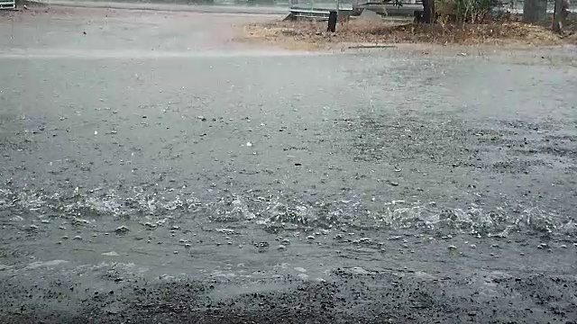 在雨季，雨滴在潮湿的地面上的缓慢运动视频素材