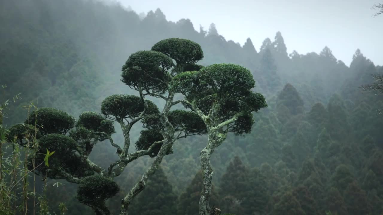 雾天，森林里修剪整齐的日本树视频下载