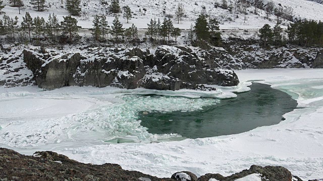 冬季阿尔泰山卡顿河浮冰和淤泥视频素材