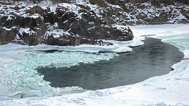 冬季阿尔泰山卡顿河浮冰和淤泥视频素材