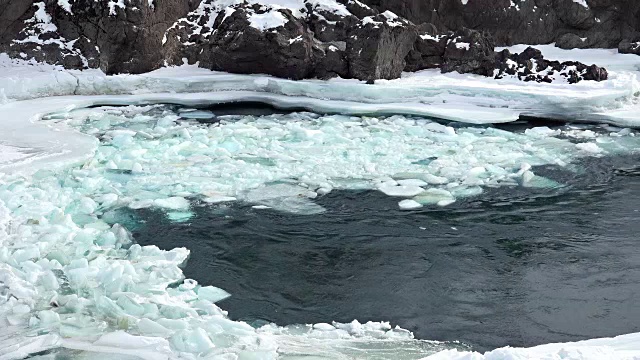 冬季阿尔泰山卡顿河浮冰和淤泥视频素材