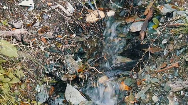 纯净的山溪，清澈的水，流过一片绿色的区域。视频素材