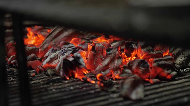 典型的阿根廷烤肉。在烤架上烧木头和烧红的煤视频素材