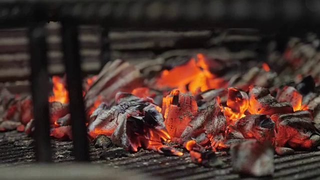 典型的阿根廷烤肉。在烤架上烧木头和烧红的煤视频素材