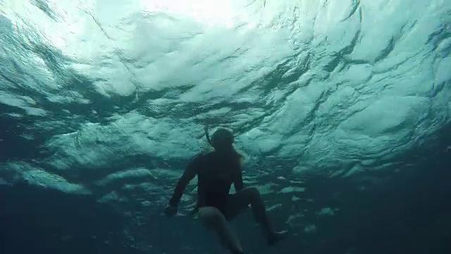 美丽的成年女子在海洋中游泳视频素材