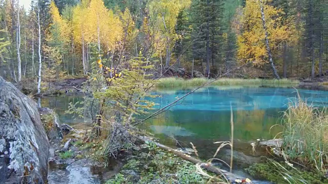 阿尔泰山蓝色间歇泉湖雨天全景图视频素材