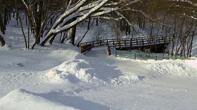 木桥，路穿过公园，雪视频下载