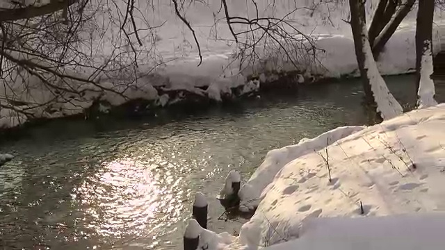 小溪与河流汇合。雪视频素材