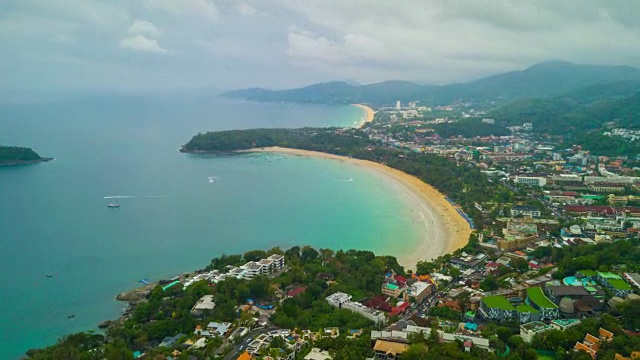 普吉岛阳光明媚的一天著名的海滩海岸线航空全景图4k时间流逝泰国视频素材