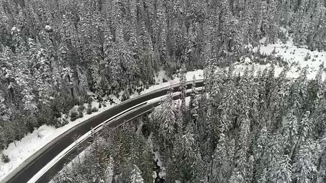 黑色汽车旅行积雪覆盖森林景观空中视频素材