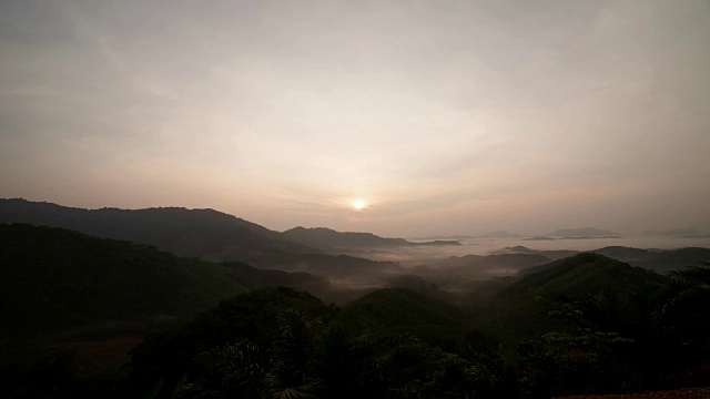 晨雾在山间流淌，热带雨林和美丽的日出风景一览无余视频素材