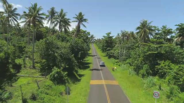 空中风景:汽车行驶在狭窄的柏油路上，周围是郁郁葱葱的异国风景。视频素材