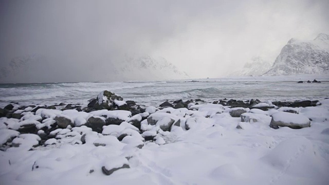 罗弗敦群岛。雪滩和山的全景视频下载