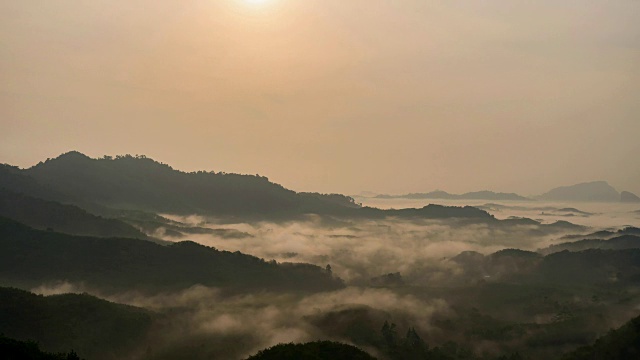 晨雾在山间流淌，热带雨林和美丽的日出风景一览无余视频素材