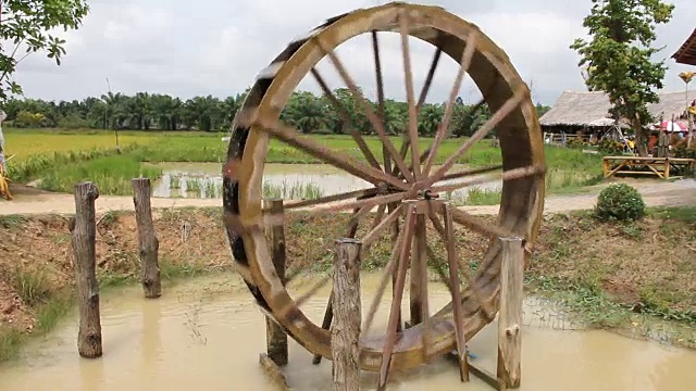 稻田里的木制水车或研磨机视频素材