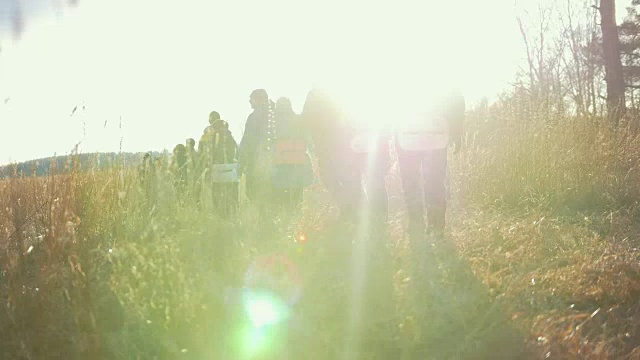 一群年轻的徒步旅行者在夕阳中穿过田野视频素材