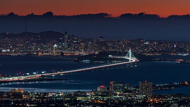 旧金山，美国，时光流逝——从奥克兰看到的旧金山从白天到夜晚的天际线视频素材