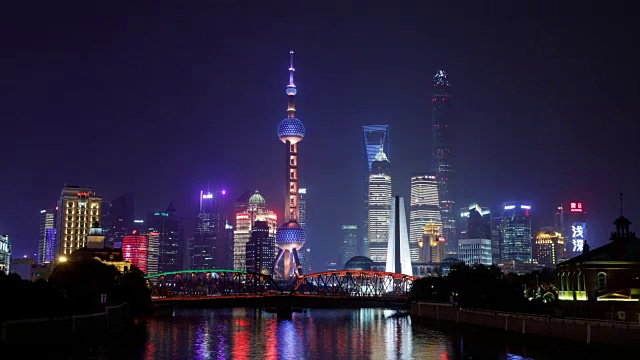 夜景东方明珠塔和SWFC与摩天大楼在上海黄浦江，中国视频素材