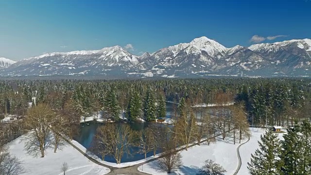 空中湖在一个晴朗的日子里，在雪山下面的森林中央视频素材