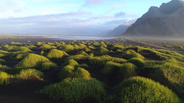 4K航拍电影在冰岛霍芬的黑海滩沙滩和韦斯特拉霍恩山夏季场景视频素材