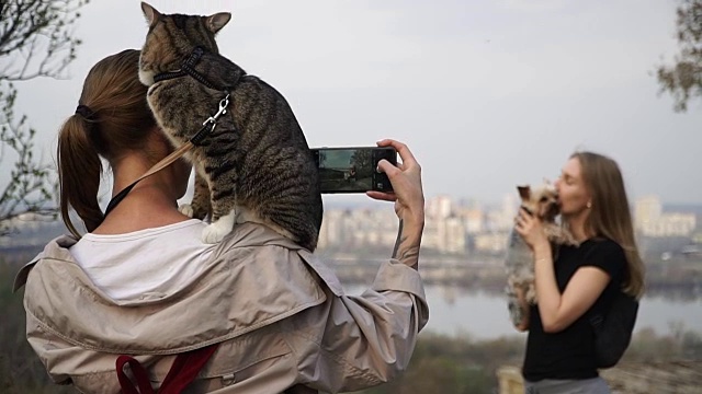 Selfy。一个肩上扛着一只猫的女孩带着一个女孩和一只狗视频素材