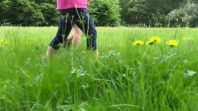 慢镜头儿童徒步在草地和森林与运动徒步鞋。双胞胎女孩穿着山靴走在森林小径上。视频素材