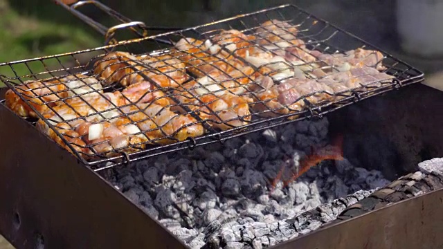 在夏日的篝火上做烤肉串视频素材