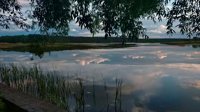 夏天的傍晚在湖泊与戏剧性的天空和水和草的倒影视频素材